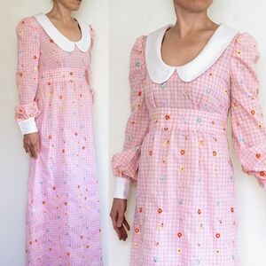 Vintage 70s Empire Maxi Dress Pink Gingham Tie Back Long Bishop Sleeve Peter Pan